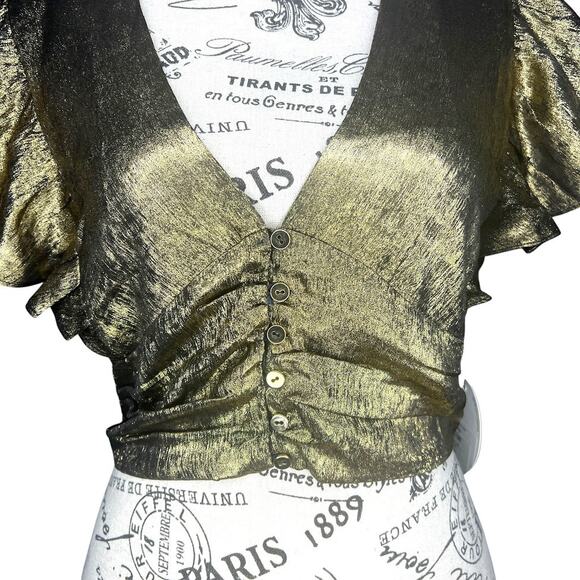 Lost + Wander (S) Heart of Gold Top - Button Front Flutter Sleeve Deep V Cropped - Picture 9 of 12